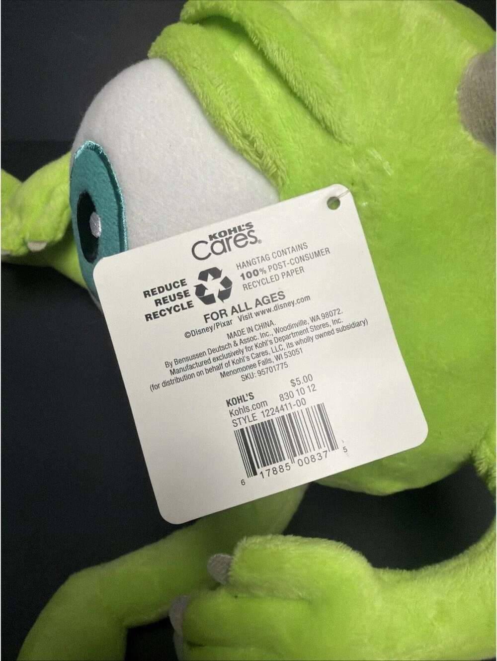 Kohls Disney Pixar Monsters Inc 2014 Green Monster One Eye NWT
